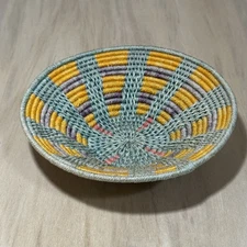 Multicolor Pattern Hand Woven Shallow Bowl Coil Basket Wall Decor 
