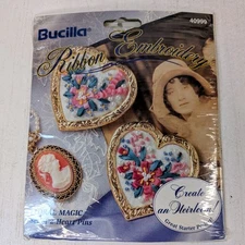 Bucilla Floral Magic Ribbon Embroidery Heart Pins 40999  Project Kit 1994