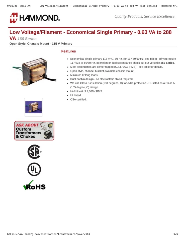 TRANSFORMER 115V PRIMARY 16V C.T. 3.0 AMP - HAMMOND 166M16 - NEW IN BOX - Image 4 of 4
