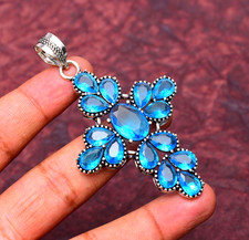 Blue Topaz Gemstone 925 sterling silver Handmade Cross Pendant jewelry  2.75"