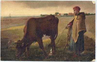 20035388 - For pasture, grazing cow and boy, S.V.D., signed F. Millet AKU2 Child