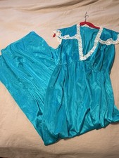 Vintage Teal/turquoise Silky Maxi Nightgown With Lace Trim