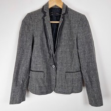 ZARA herringbone grey black with leather piping smart blazer jacket size XS