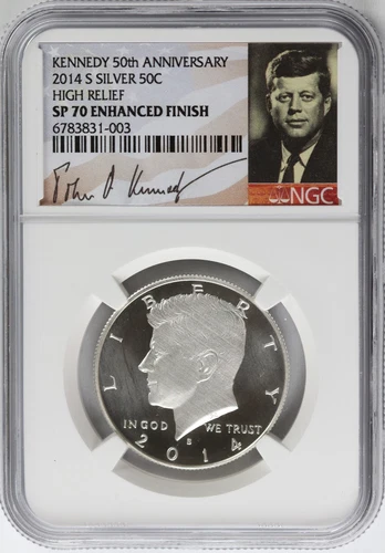 2014 S Silver 50C High Relief SP 70 PL Enhanced Finish Kennedy 50th Anniversary
