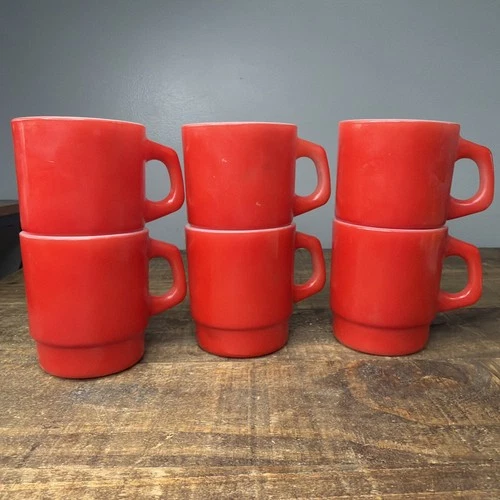 Vintage Fire-King Red Milk Glass Stackable Mugs Set of 6 Anchor Hocking