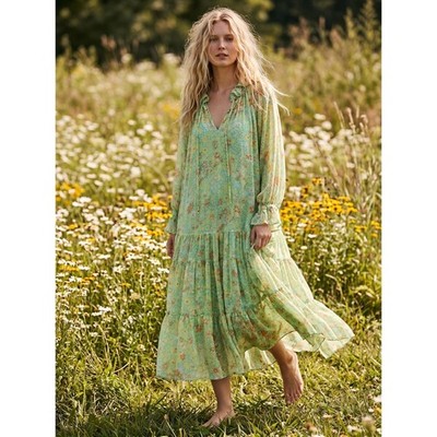 Free People Feeling Groovy Maxi Dress Size XS 70s Chartreuse Floral Bohemian  | eBay
