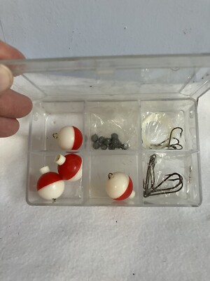 Lot Four Vintage Small Fishing Bobbers, Lead Weights, Hooks And Case