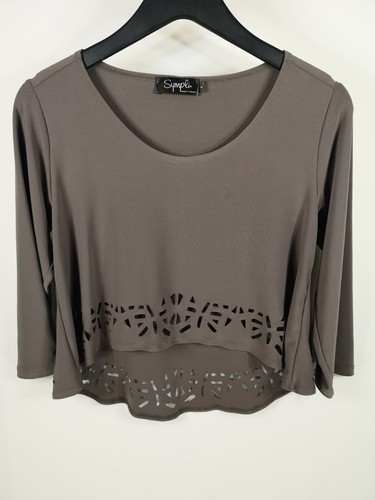 Sympli Mosaic Crop Top Blouse Size 6 Gray High Low Hem Laser Cut Out Layering - Picture 11 of 14