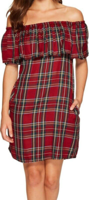 red plaid off the shoulder dress Red 1950s Christmas Plaid Off-Shoulder Dress
