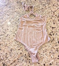 PrettyLittleThing Womens Ribbed Halter Top Bodysuit Tan size US 6
