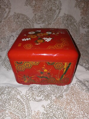 Vintage Red Laquer Resin Oriental Three Level Square Shape Jewelry Box