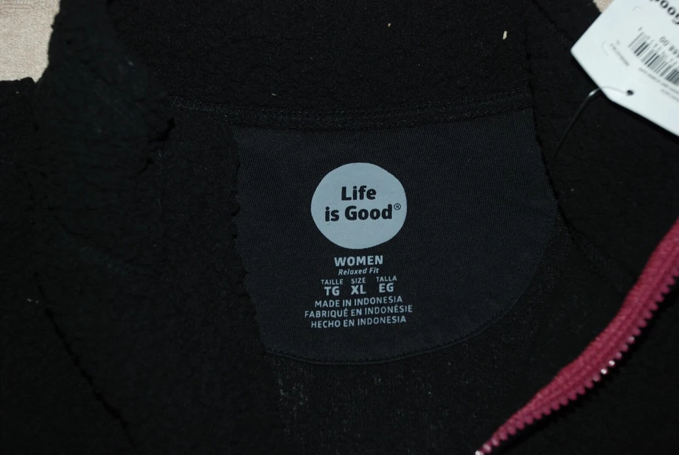 XL NWT Women's Life Is Good Black Faux Sherpa Zip Front Striped Cuff Vest — 第 2/2 张图片