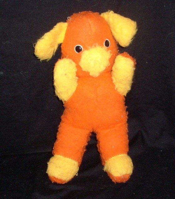 15" VINTAGE ORANGE & YELLOW FUZZY PUPPY DOG STUFFED ANIMAL PLUSH TOY