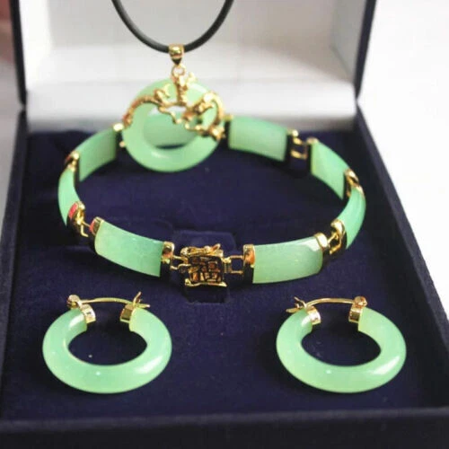 Набор ювелирных изделий нефрит 18K золото покрытием подвеска ожерелье браслет серьги Lucky вечеринки - Изображение 2 из 4