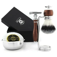 Classic Mens Grooming 5 Piece Shaving Set with Synthetic Brush & Safety Razor 