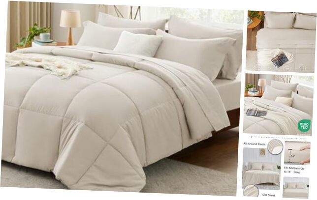 Comforter Set - 7 Pieces Bed in a Bag Set Complete Bedding Sets Queen Beige