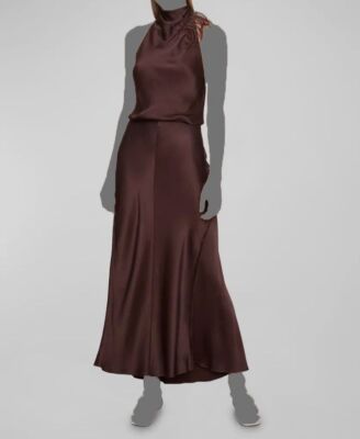 high neck brown satin dress High-Neck Cutout Satin Dress with Pockets