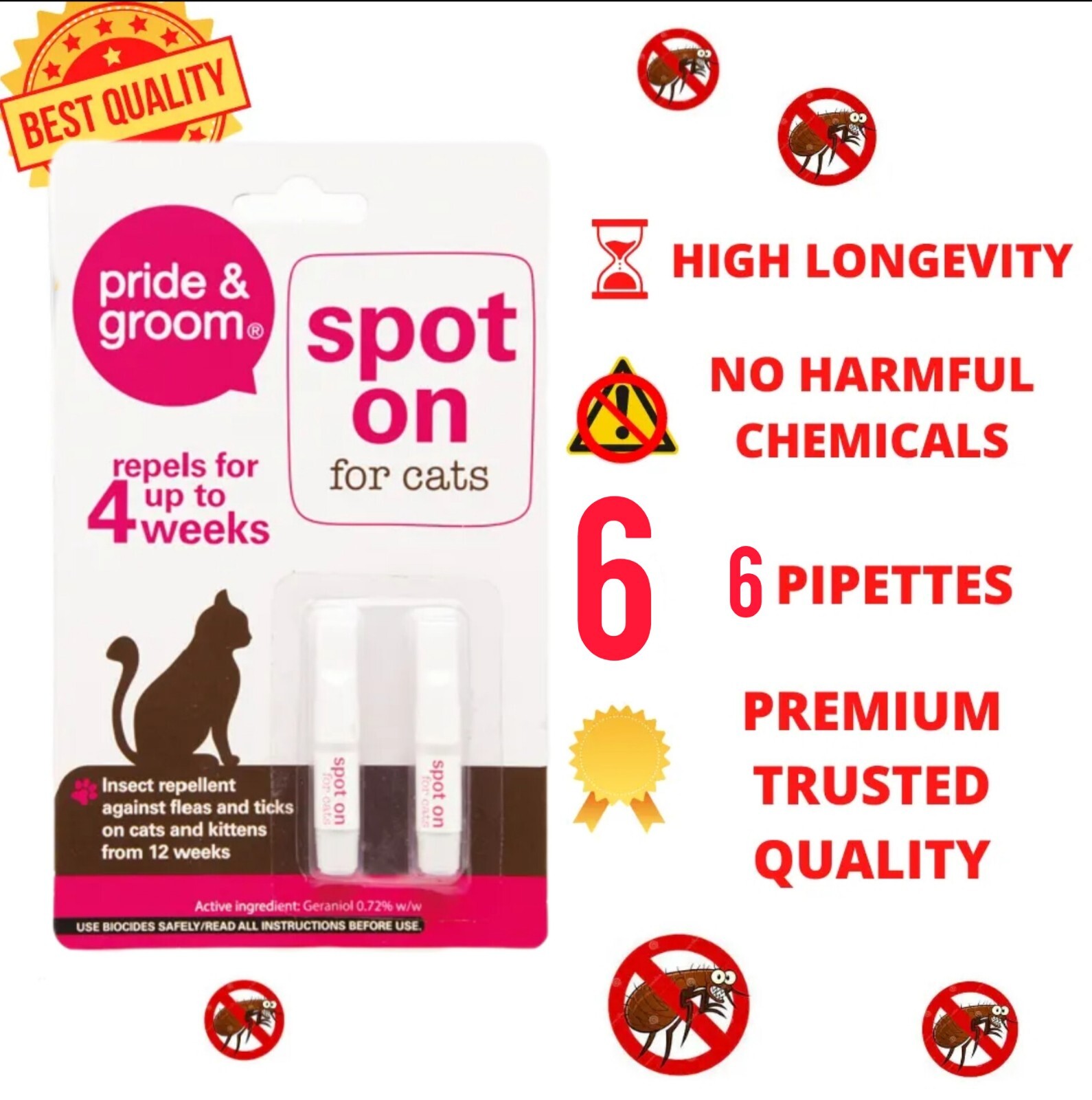 3 pack 6 pipettes Spot On Flea Tick Lice Treatment for cats High