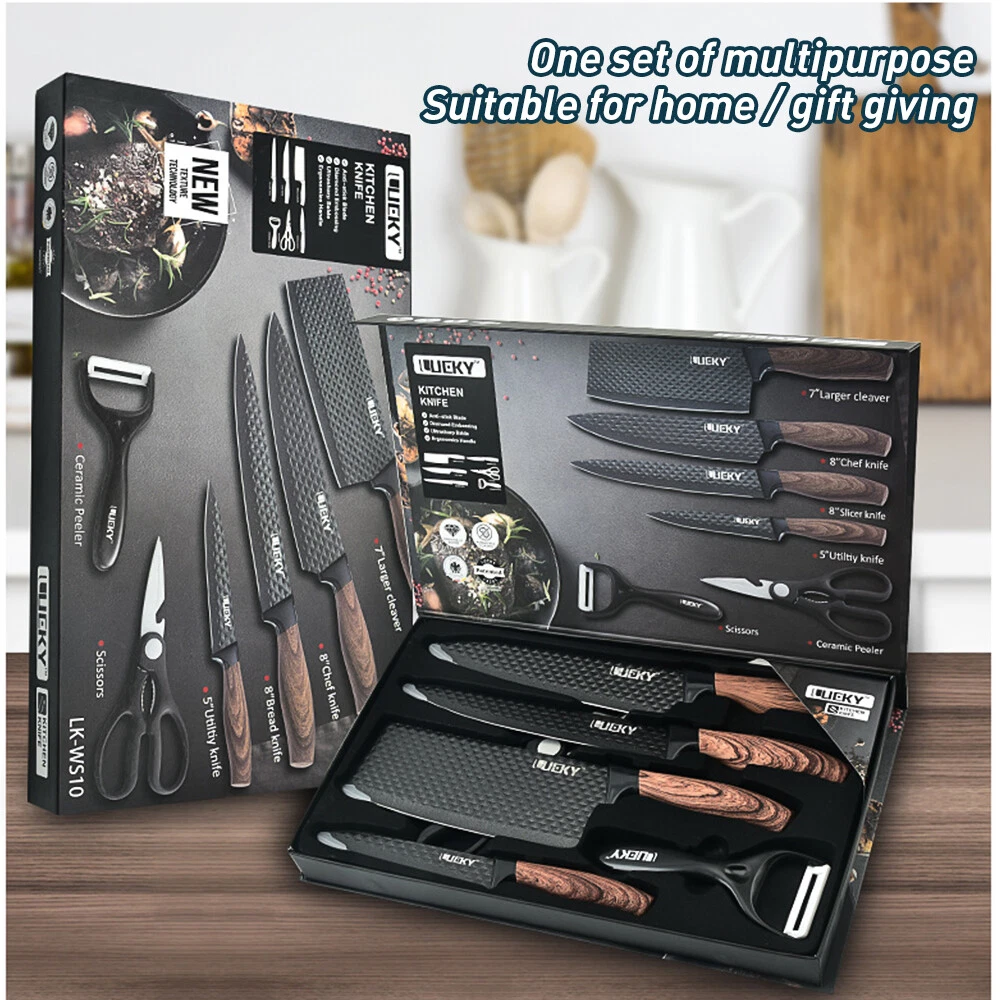 6pcs Kitchen Knives Set Non-Stick Stainless Steel Chef Knife Cleaver  Cooking Kit