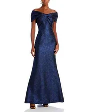 Teri Jon by Rickie Freeman Metallic Jacquard Twist Bodice Gown Womens 4 Sapphire