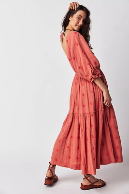 NEW FREE PEOPLE Sz XS DAHLIA EMBROIDERED MAXI DRESS IN MELON COMBO