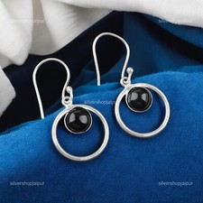 Natural Black Tourmaline 925 Solid Silver Handmade Hoop Earrings Jewelry For Her