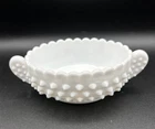 Fenton Milk Glass Hobnail Oval Candy Nut Dish with Handles 6.25" Vintage Trinket
