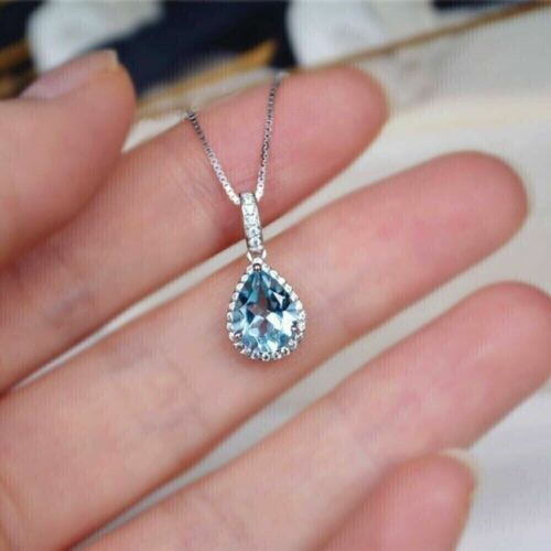 2Ct Pear Cut Lab Created Aquamarine Women's Halo Pendant 14K White Gold Plated - Picture 3 of 5