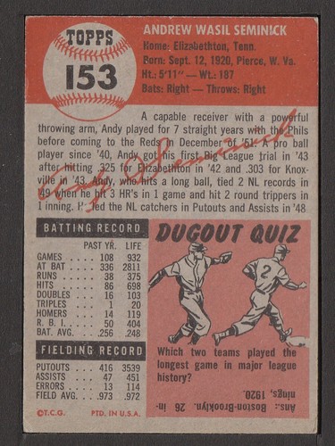1953 Topps #153 Andy Seminick Cincinnati Reds ex Set Break - Picture 2 of 2