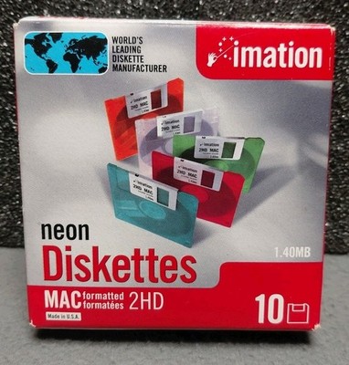 NEW Pack of 10 Imation Neon Diskettes MAC Formatted 2HD Made in USA 1.4MB