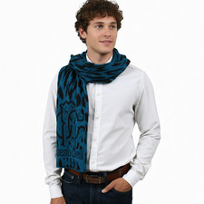 Roberto Cavalli ESZ025 D0174 Blue Marine/ Black Wool Blend Leopard Print Mens