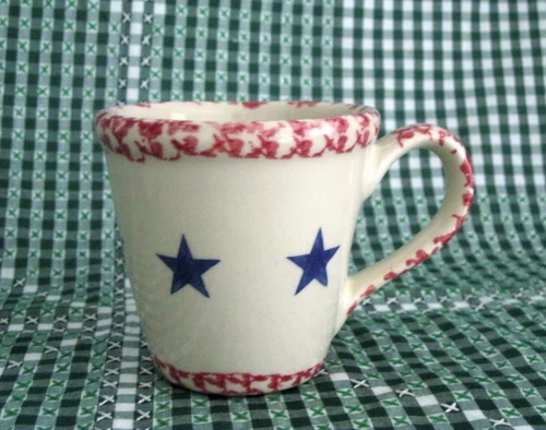 Roseville Gerald Henn Red Spongeware Blue Star Old Glory Coffee Cup HTF