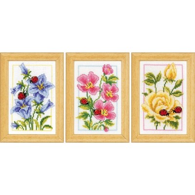 Vervaco Kreuzstich Stickpackung ''Blumen und Marienkäfer'' 3er Set, Zählmuster, 8x