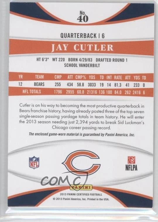 2013 Certified Materials Mirror Red /99 Jay Cutler #40 - Image 2 of 2