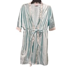VTG 70s 80s Aqua Blue Satin Lounge Robe Lace Trim Peignoir Medium