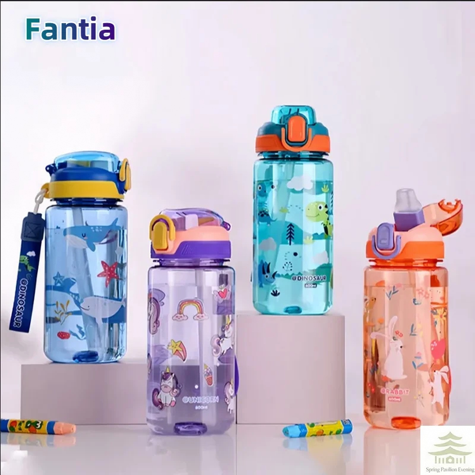 600ml Dinosaur Water Bottle For Kids Leakproof Plastic Straw Cup Summer