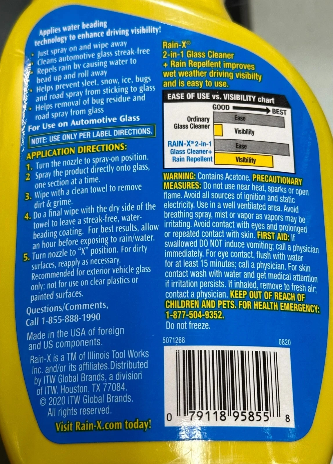 2-Pk Rain-X 2-in-1 GLASS CLEANER + RAIN REPELLENT Water Beading Protection SPRAY