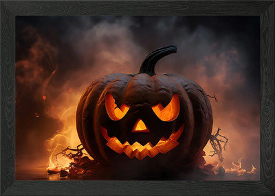 Halloween Kürbis mit Feuer und Smo Gerahmtes Wandbild Poster Leinwanddruck Bild
