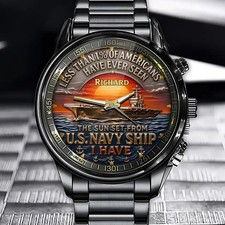 Personalized Us Navy Ship Sunset Naval Black Stainless Steel Watch Gift