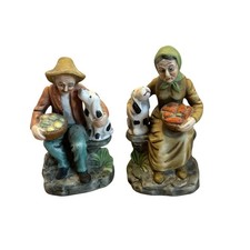 Vintage Japan Farmer and Wife Figurines with Dogs Basket of Harvest Fruits
