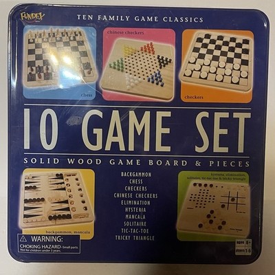 Wooden 10 in 1 Family Board Game Tin Set Chess Checkers Backgammon Dice Complete