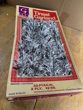 Vintage CHRISTMAS QUEEN TINSEL GARLAND 30 FEET Silver & White Made In USA MCM