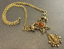 Vintage Victorian Revival Faux Carnelian Cabochon Faux Pearl Festoon Necklace