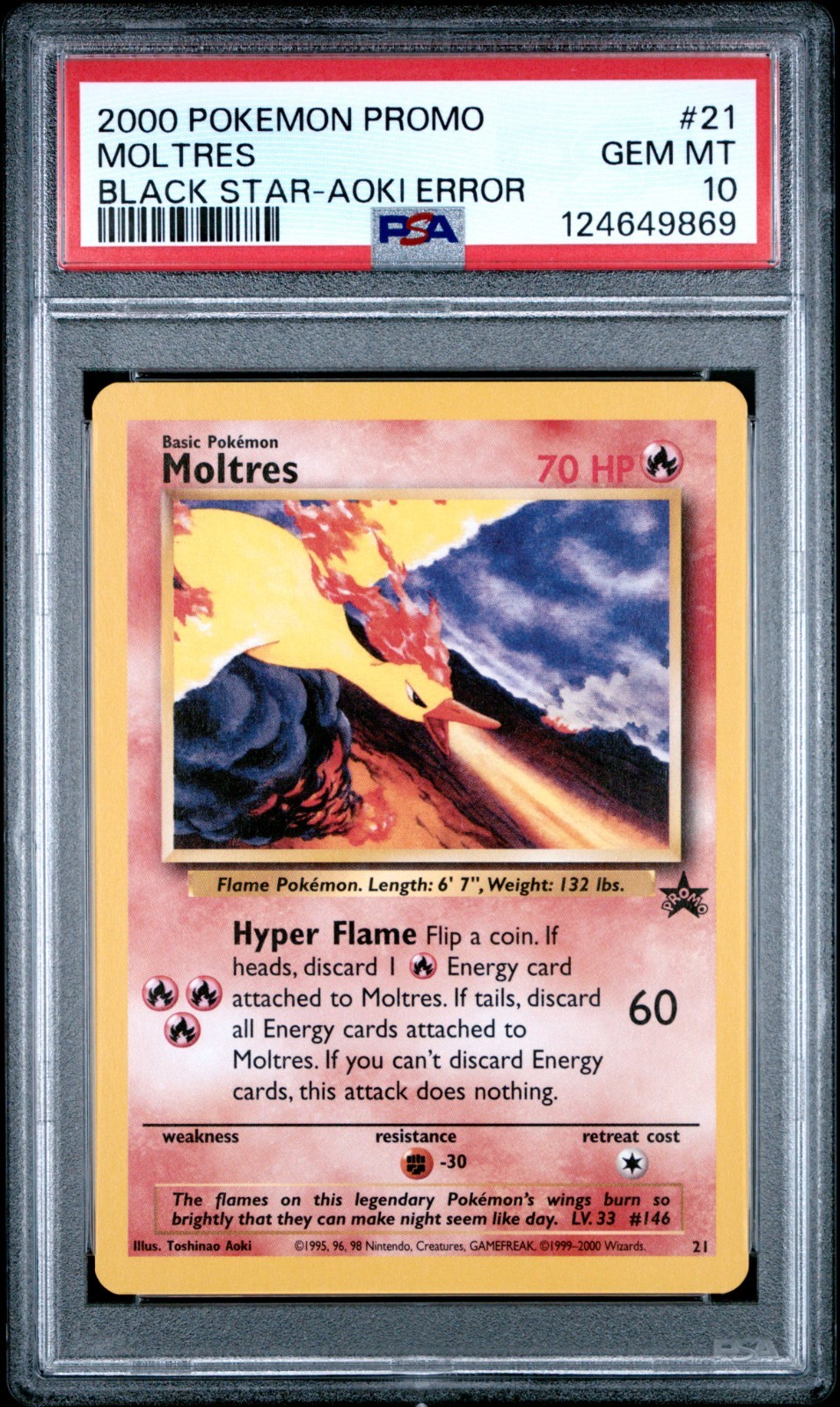PSA 10 GEM MINT 2000 POKEMON PROMO BLACK STAR #21 MOLTRES BLACK STAR-AOKI ERROR