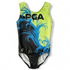 GK Elite Adult Small AS Neon Green Blue Gymnastics Leotard Swirl Metallic PGA