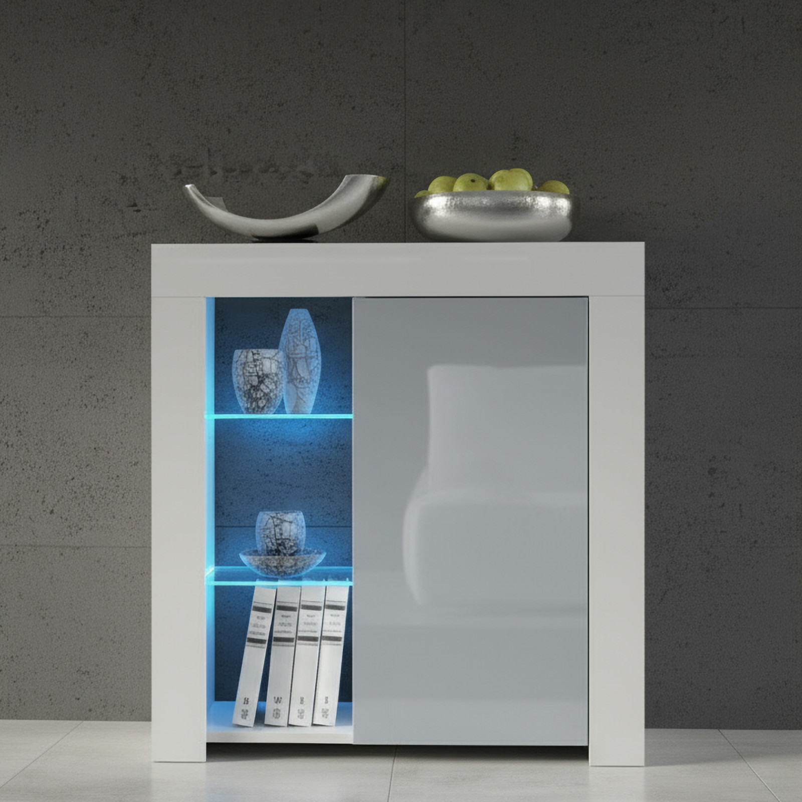 Sideboard Cabinet Storage Unit Cupboard Furniture White Grey Gloss LED 75cm