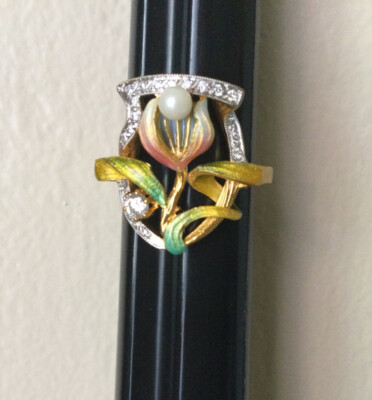 Masriera Bas-taille Enamel Art Nouveau Pearl And Diamond Flower Ring