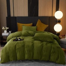 Velvet duvet cover, 3-piece set with 8 ties and pillow shams, olive green Queen