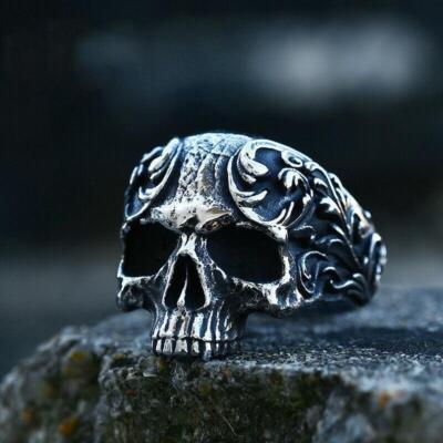 Retro Gothic Flower Carved Skull Ring Stainless Steel Skeleton