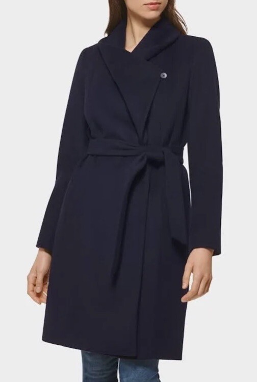 Cole Haan Signature Wrap Over Coat Womens 14 Blue Wool Blend Tie Belted Asymmetr